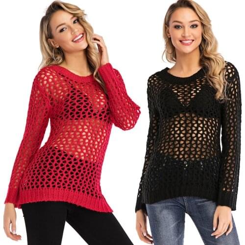 Sexy Mesh Hollow Sweater Women Knitted Pullover Female 2021 Spring Autumn Fashion Perspective Tops Long Sleeve Slim Sweater