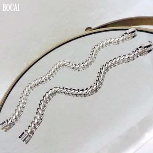 BOCAI Real Pure s925 Silver Jewelry 2021 Trendy Simple Cuban Chain Glossy Couple Man and Woman Bracelet Retro Woven Tank Chain