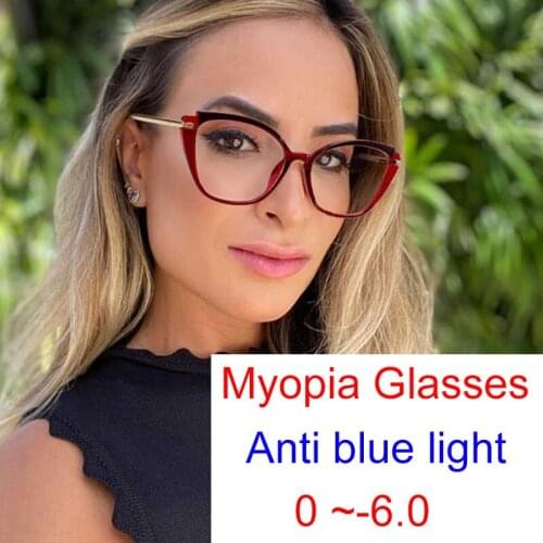 Finished Myopia Women Glasses Transparent Female Luxury Eyeglasses Cat Anti Blue Light Glasses With Correction 0 to -6.0 Defunct