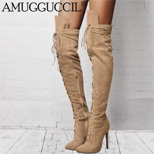 2021 Plus Big Size 35-47 Black Gray Khaki Wine-red Zip Lace Up Sexy Thigh High Heel Over The Knee Autumn Lady Women Boot X1787