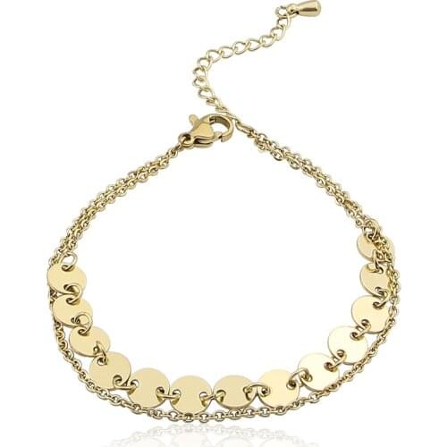 New Beautiful Chain And Circle Double Layer Punk Bracelet For Women Stainless Steel Gold And Rose Gold Color Pulsera Jewelry