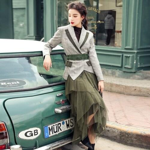 S-XL Big Size Brand Designer Runway Autumn Winter 2 Piece Set Print Plaid Blazer and Green Tulle Skirt Ladies Fall 2 Piece Set