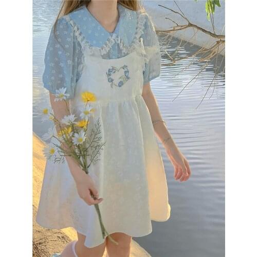 Women Sweet Cute Dress Suit Floral Lace Doll Collar Puff Sleeve Top+White Bowknot Japanese Soft Girl Sling Dress Set Kawaii