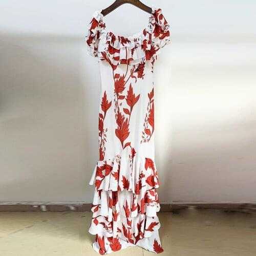 Celebrity 2021 New High Quality One Line Neck Frill Print Slim Fit Fishtail Mop Long Dress Dress O214