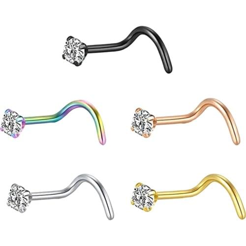 20G Nose Rings Surgical Steel Nose Ring Studs Heart CZ Inlaid Piercing Jewelry for Women Men Girls Screw Zircon Round Rose Gold