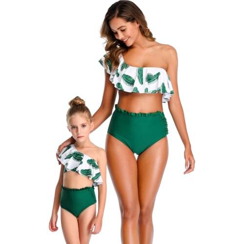 2021 High-Quality New Mother Daughter Swimwear Lotus Leaf One-Shoulder Bikini Swimsuit Parent- Child Suit