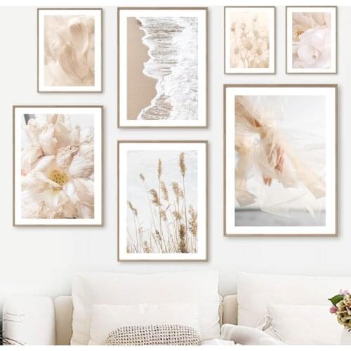 Beige Beach Waves Reed Grass Flower Feather Palm Leaf Wall Art Print Canvas Painting Nordic Poster Decor Picture For Living Room