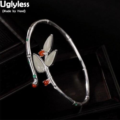 Uglyless Chian Chic Pandas Favorite Creative Bamboo Bangles for Women Natural Jade Agate Leaf Bangle Adjustable Plant Bracelets