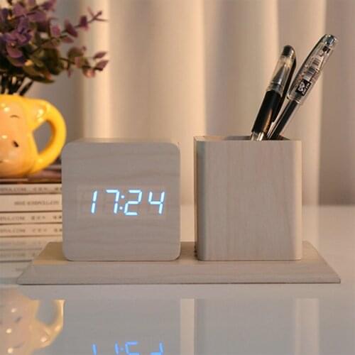 Led Wooden Alarm Clock New Creative Pen Holder And Sound Control Mute Led Wood Clock Study Room Electronic Gift Fashion Horloge