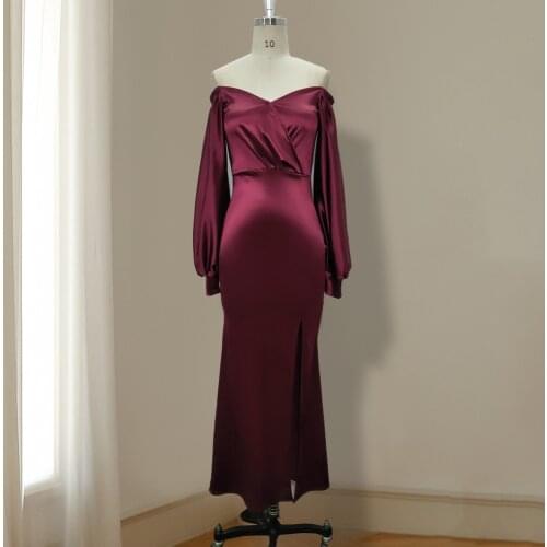 Long Dresses Plus Size Elegant Puff Sleeve Burgundy Dress For Women Party Prom Fashion Cocktail Silk Satin High Quality Vestidos