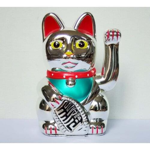 [ Fly Eagle ] Fashion Chinese Lucky Wealth Electric Waving Cat Beckoning Silver Maneki SI Feng-Shui Lucky Cat Plastic Craft