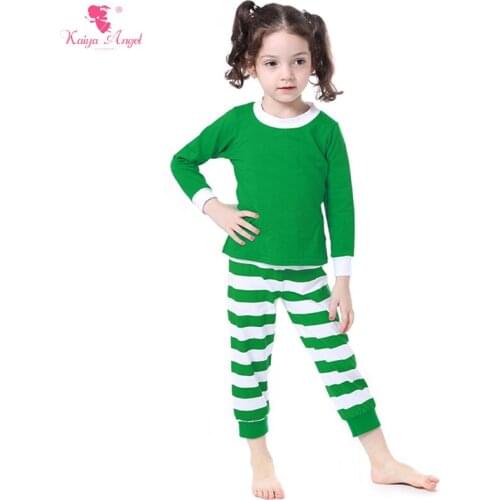 Kaiya Angel Christmas Pajamas Boutique Outfits Baby Clothing Green Stripe Christmas Children Clothing Shirt Leggings Suit 2 Pcs