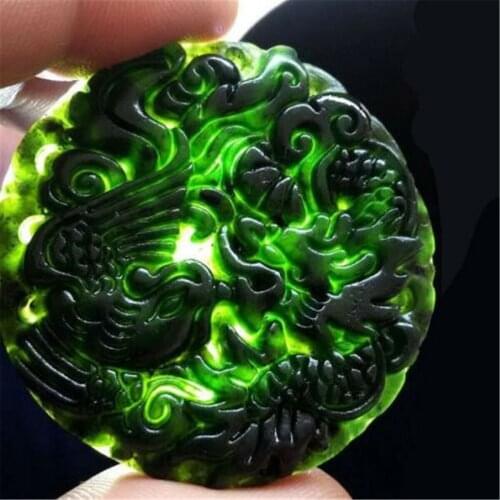 Chinese Natural Black Green Jade Pendant the Dragon and the Phoenix Good Lucky Amulet Gift