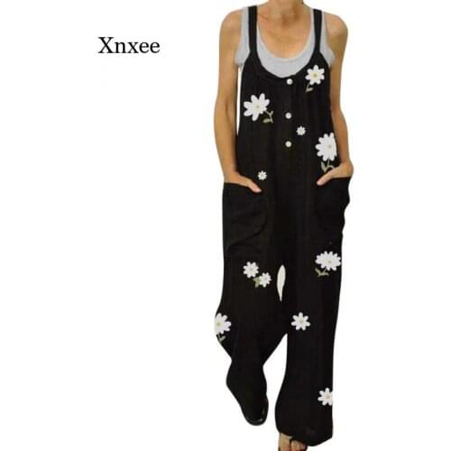 Women Floral Print Overalls New Jumpsuit Casual Straps Oversized Playsuit O-Neck Rompers Pocket Playsuit Long Jumpsuits Outfits