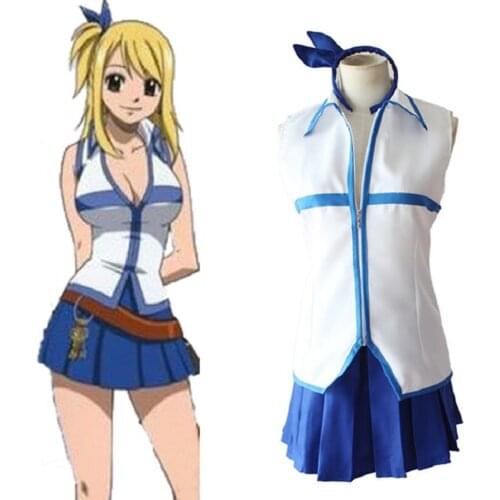 Unisex Anime Cos Fairy Tail Lucy Heartfilia No Sleeve Sailor Uniform Cosplay Costume Sets