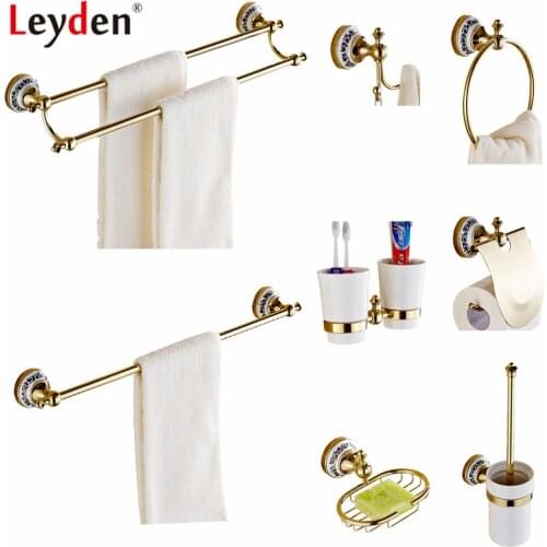 Leyden Gold Brass and Creamic Bath Hardware Sets Toilet Brush Holder Towel Ring Holder Paper Holder Bathroom Accessories Set