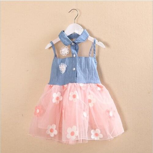 Lollas Childrens Dress Summer Denim Mesh Stitching Dress Comfortable and Cool Beautiful Childrens Clothing