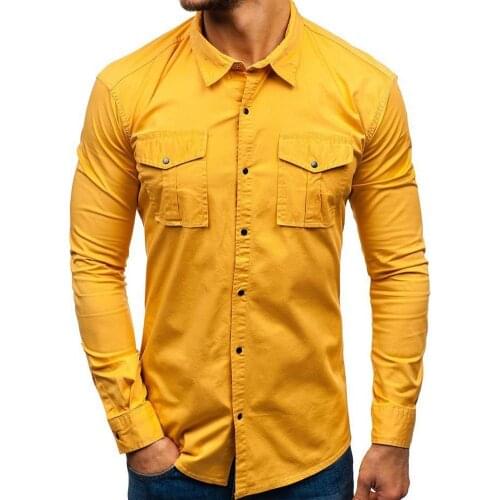 Fashion Men Shirts Solid Color Multi-Pockets All-match Long Sleeve Turn Down Collar Shirt Top Mens Clothing 2021