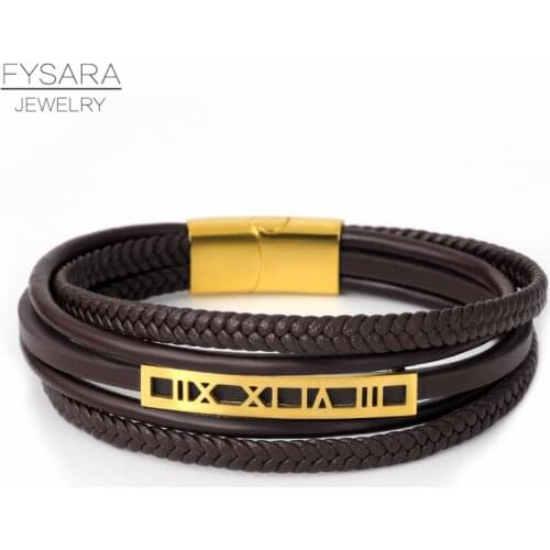 FYSARA Fashion Roman Numeral Multi layer Leather Bracelet Magnet Clasp Bangle Stainless Steel Hip Hop Rock Wrap Bracelet Jewelry