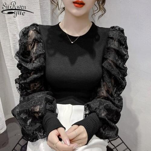 2021 Autumn New Women Lace Knitted Shirt Spliced Blouse Sweet Korean Style O-Neck Puff Long Sleeve Slim Lace Tops Female 11263