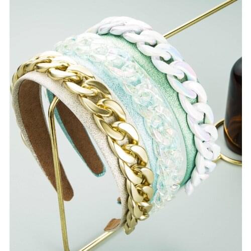 Summer New Chain Headband Plain Color Metal Resn Chain Glitter Hairbands Wide Cross Hairband for Women Hair Accessories