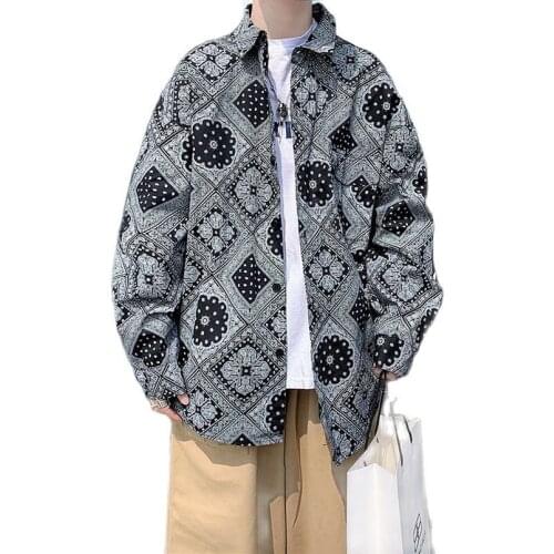 2021 Autumn Bandana Print Shirt Men Streetwear Shirts Long Sleeve Plus Size Tops Trendy Male Shirts Japan Youth Hip Hop