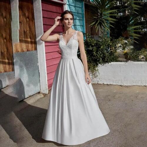 Deep V Neck Wedding Dress 2021 Boho vestido de noiva White Satin A Line Bridal Gowns Simple Appliques Backless With Pocket