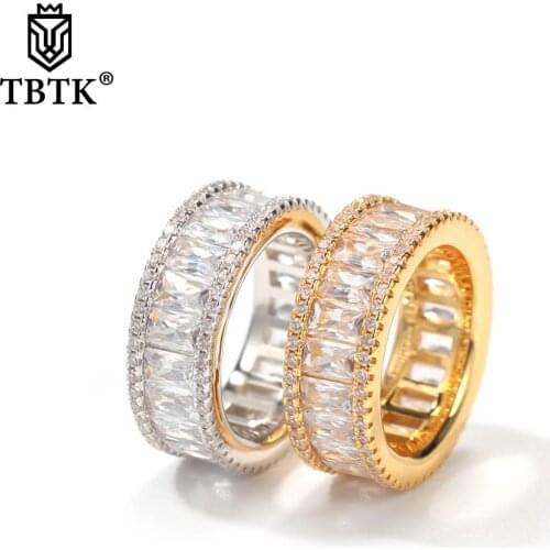 TBTK Hiphop Gold Plated Ring Paved Baguette Bling Iced Out Zircon Crystal Luxury Ring Punk Style Jewelry Drop shipping