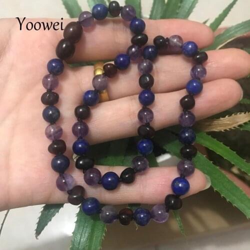 Yoowei Amber Necklace for Men 6mm Natural Stone Amethyst Lapis Lazuli Certificate Authenticity Genuine Baltic Amber Jewelry Gift