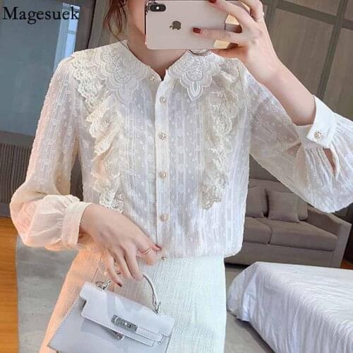 Autumn Long sleeve Embroidery Woman Blouses Solid Lapel Elegant Sweet Chiffon Shirt Woman Gentle Casual Lace Blouse Woman 16378