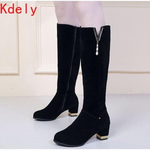 Women Boots Winter Knees High Boots Women Suede Sexy Sock Boots Suede Matte Boots Slip on Luxury Square Heel Snow Boot