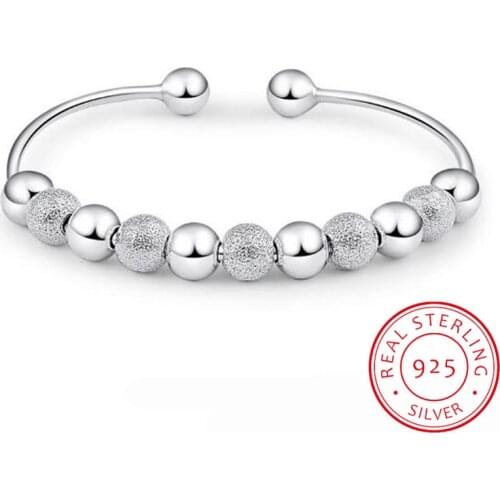 Hot Sale Women 925 Sterling Silver Lucky Beads Ball Bangles Open Cuff Bracelets & Bangles Wedding Jewelry Pulseras of Female