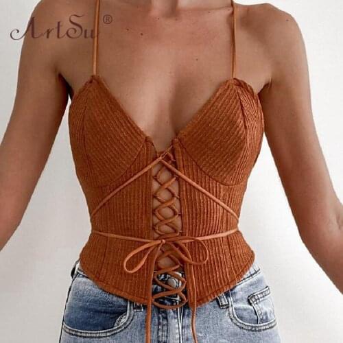 ArtSu Brown Fashion Sexy Bandage Spaghetti Straps Crop Tops Women Ribbed Hollow Out Backless Sleeveless Camis Top Streetwear