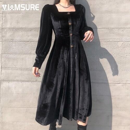 IAMSURE Vintage Basic Velvet Dress Elegant Solid Square Collar Lantern Sleeve A-Line Midi Dresses For Women 2021 Autumn Winter