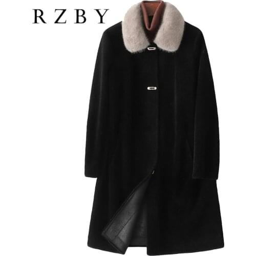 RZBY Women 100% real wool Classic Autumn Winter fashion warm overcoat ladies pure wool with mink fur collar RZBY264