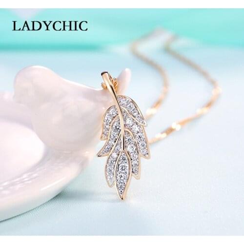 LADYCHIC Brand AAA Cubic Zircon Leaf Pendant Necklace Gold Color Romantic Vintage Necklaces Jewelry Women Female Gift LN1048