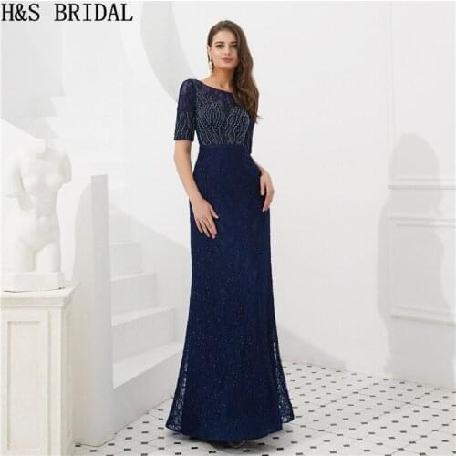 H&S Bridal Half Sleeve Evening Dress Navy Lace Beading Elegant Formal Dresses For Women