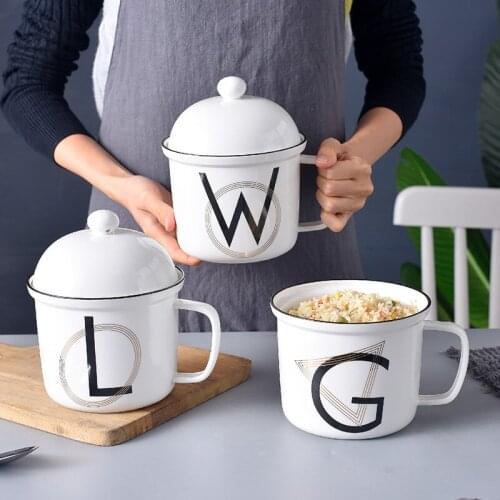 1200ml Cup Ceramic White Letters Instant Noodle Cup Extra Large Capacity Breakfast Ceramic with Cover Spoon Mug