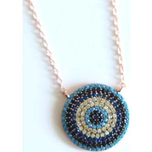 2017 authentic 925 sterling silver jewelry pave turquoises colored zirconia rose gold color silver round pendant necklace