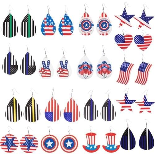 2021 Fashion Independence Day Leather Earrings Printed Flag Five-pointed Star Pu Leather Earrings Water Drop Multilayer Earrings