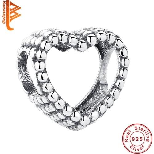 BELAWANG 925 Sterling Silver Charm Hollow Heart beads Fit Original Pandora Beads 925 Silver Bracelet Jewelry making