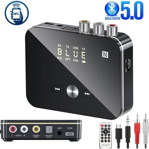 Bluetooth Receiver Transmitter 5.0 NFC Stereo 3.5mm AUX Jack RCA Optical Wireless Audio Adapter Mic IR Remote Control For TV PC