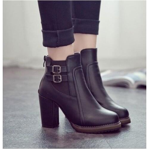 2019New Autumn and Winter Boots Button High Heels Shoe Fashion Square Heel Ankle Boots Zapatos De Mujer Botas Plus Size 35-43