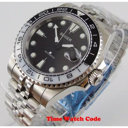 BLIGER Black dial 40mm Automatic Movement Mens Wristwatch Sapphire Glass SS Band Date Window bicolor bezel luminous hands