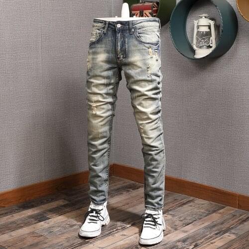 European Vintage Fashion Men Jeans Retro Yellow Distressed Wash Elastic Slim Fit Ripped Jeans Men Designer Casual Denim Pants