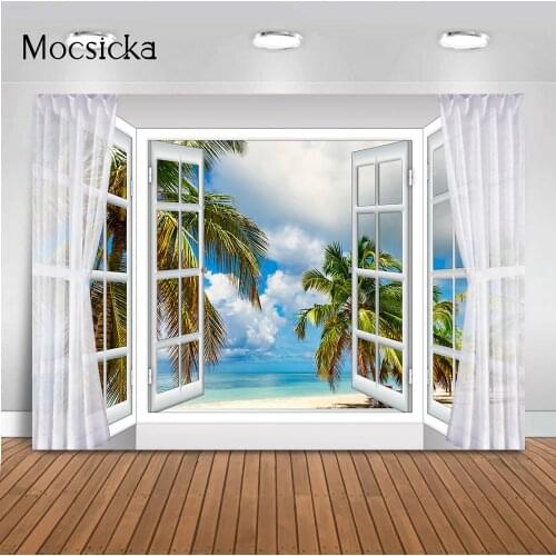Beach Backdrop White Curtrain Windows Background for Photo Studio Blue sky and Sea Photography Background Newbron Children Props