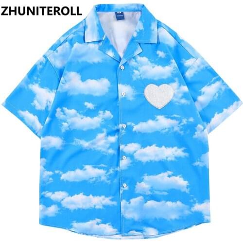 Hawaiian Blouse Hip Hop Streetwear Clouds Print Letter Heart Short Sleeve Vintage Shirts Summer Fashion Casual Harajuku Men Tops