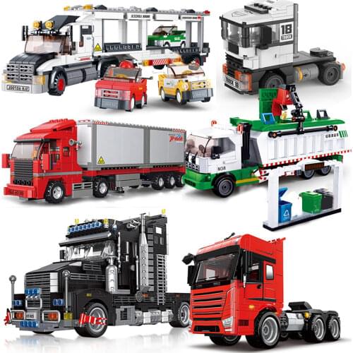 City Vehicle Car Container Truck Model Building Blocks Trailer Wagon Van Lorry Dump Truck Police kids Construction Toys
