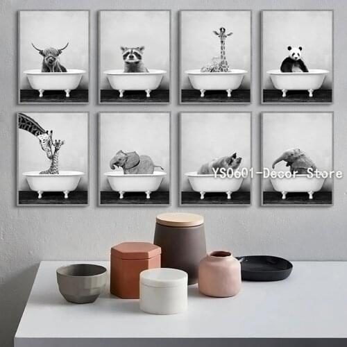 Canvas Painting Bathtub Animals Elephant Giraffe Piggy Wall Art Posters and Prints Picture Modern Bathroom Room Decor (No Frame)