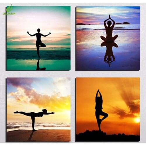 JHLJIAJUN 4 Piece Modern Sunrises Yoga Nordic Canvas Module Picture Decor Nordic Bedroom Living Room Home Decor Painting